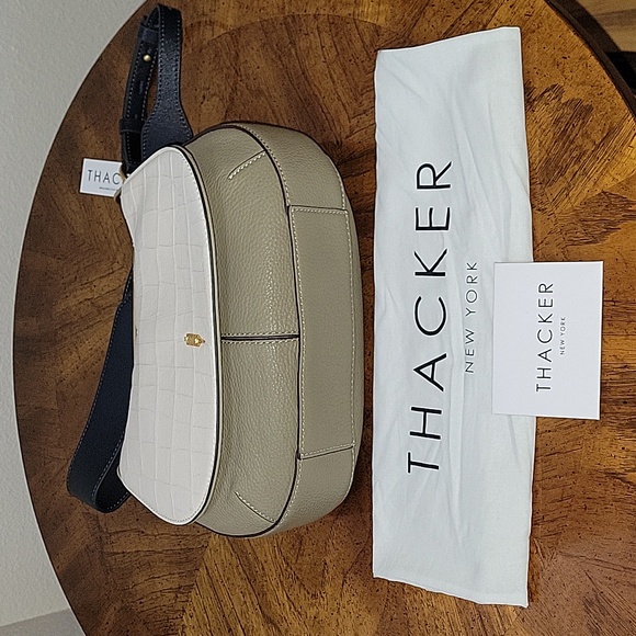 THACKER Leather Nola Shoulder/Crossbody Bag, Flap over, White/Taupe, NWT - Picture 5 of 16